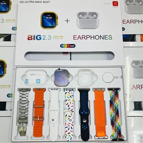 I20 Ultra Max Suit Smartwatch 10-in-1 Box – 2.3-inch Large Display With 7 Mixed Color Straps And Airpods 2 – Complete Smart Combo Set For Men And Women