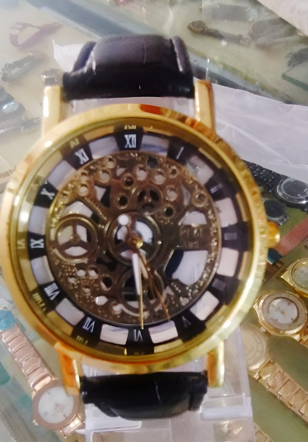Unisex Stylish Leather Watch – Black Strap with Gold-Tone Stainless Steel Dial | Original Quality Casual Wristwatch for Men