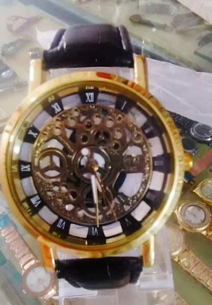Unisex Stylish Leather Watch – Black Strap with Gold-Tone Stainless Steel Dial | Original Quality Casual Wristwatch for Men