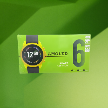 Gen Pro 6 AMOLED Smartwatch – 1.35” Display with Black Silicone & Gold Metal Strap | Full Touchscreen Fitness Watch for Android.