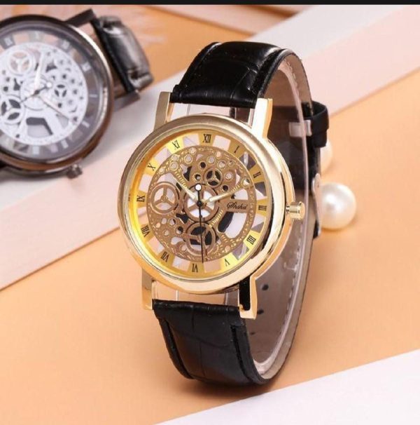 Unisex Stylish Leather Watch – Black Strap with Gold-Tone Stainless Steel Dial | Original Quality Casual Wristwatch for Men