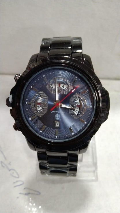 Men’s Luxury Waterproof Calendar Watch – Heavyweight Stainless Steel Business Casual Wristwatch with Black Leather Strap (With Box)